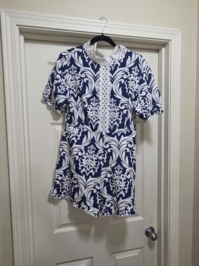 Navy & White Lace-Trim Floral Tunic